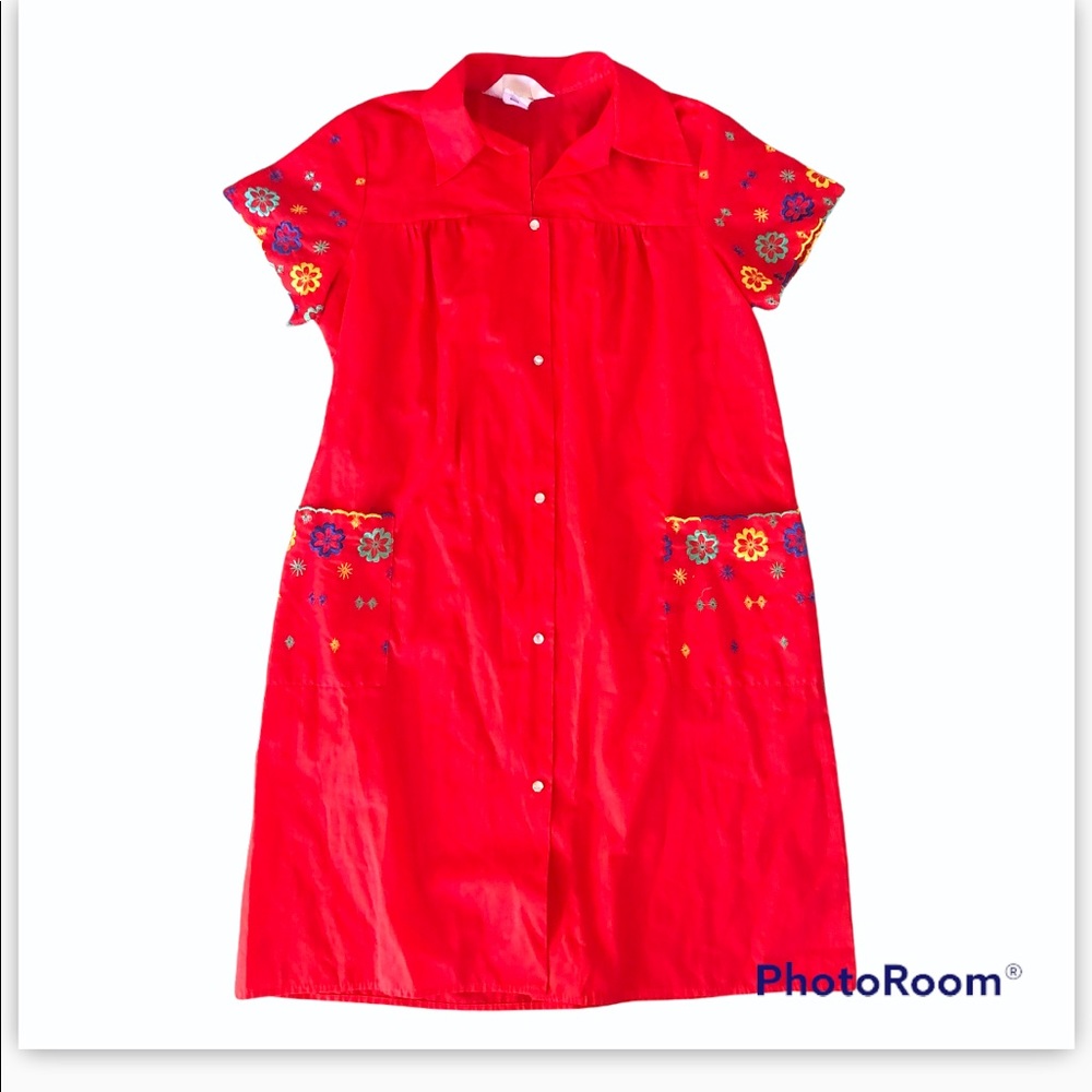Vtg Western Americana Apron Dress Red Floral M